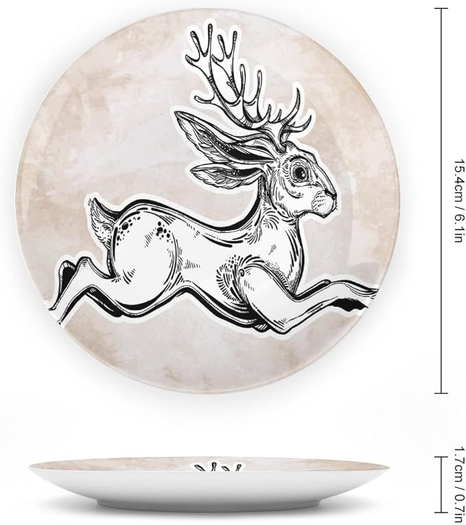 XISUNYA 6 Inch Decorative Plate, Antler Decor Ceramic Stoneware, Magical Creature Running Sketch Mythology Print Ceramic Wall Hanging for Home Office Party Dinner Table Decor