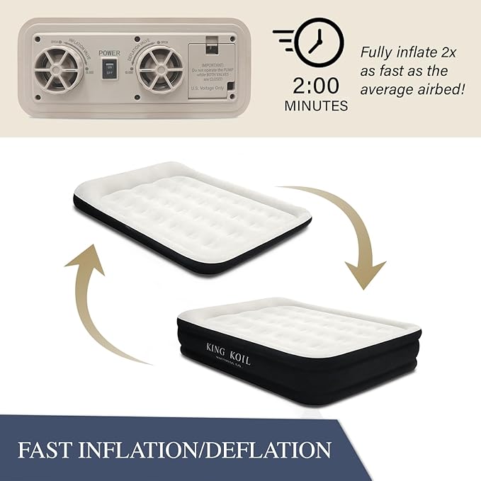 King Koil Full Size Plush Pillow Top Inflatable Air Mattress with Built-in Pump High-Speed Pump for Home, Camping, Guests, Luxury Double High Adjustable Blow Up Bed, Waterproof, 1-Year Warranty.
