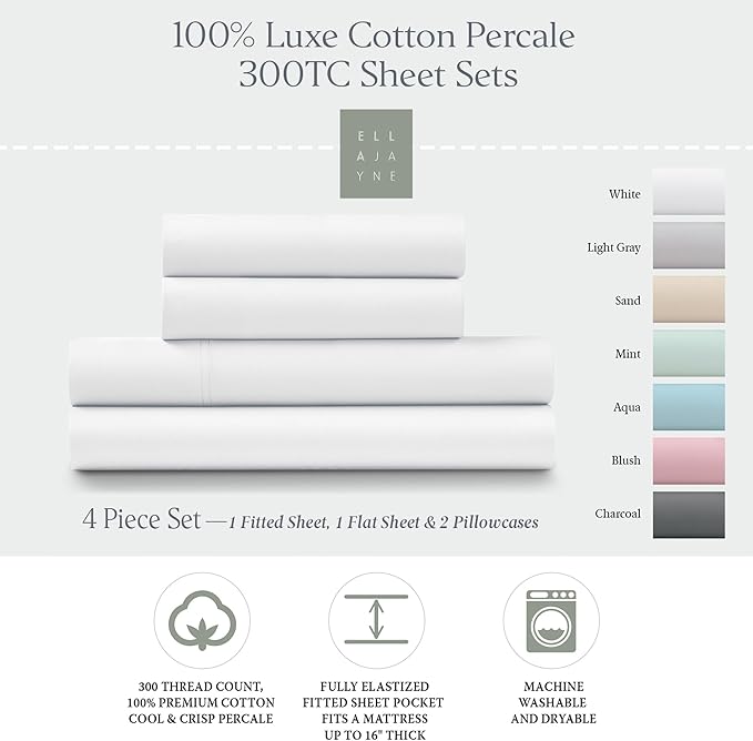 Ella Jayne Percale Sheets Twin (3 Pieces) Permium 100% Cotton Percale TC300, Hotel Luxury Collection, Deep Pockets and Cooling Twin Sheets Set Breathable Cotton Percale (White)