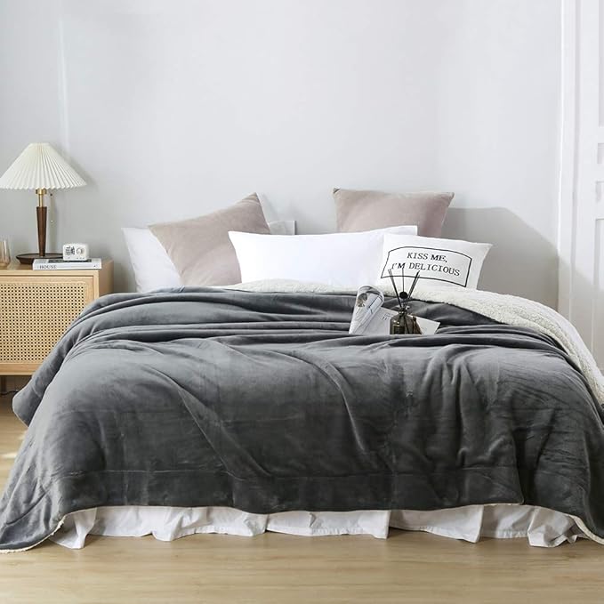 NANPIPER Flannel Blanket Reversible Sherpa Throw Blanket Super Soft Fuzzy Plush Microfiber (90"x90" Gray) Queen