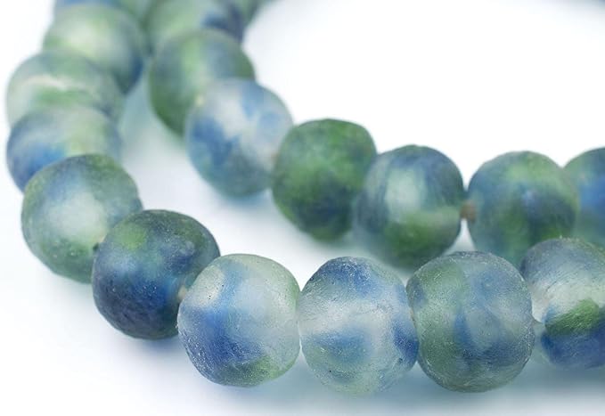 The Bead Chest Multicolor African Recycled Glass Beads 14mm – Blue, Green, White – Large Hole 25-Inch Strand, Handmade in Ghana for Jewelry Making & Crafts I Approximately 45 Beads