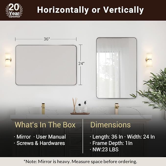ANDY STAR Chrome Mirror for Bathroom, 24"x36" Metal Frame Wall Mirror with Rounded Corner, Modern Rectangle Bathroom Vanity Mirror with Polish Finish