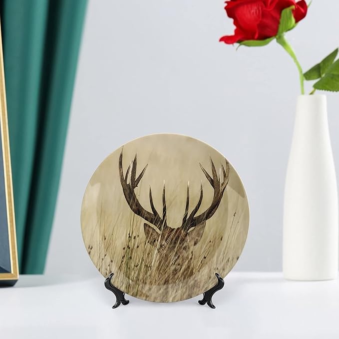 XISUNYA 10 Inch Decorative Plate, Antler Round Porcelain,Whitetail Deer in Wilderness Stag Countryside Rural Hunting Print Ceramic Display Plate for Decorative Ornaments Giving Plates