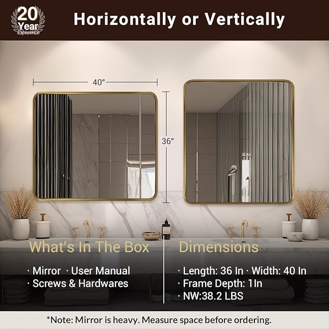ANDY STAR 40x36 Inch Gold Bathroom Mirror, Brushed Gold Mirrors for Wall in Anti-Rust SUS304 Tube Metal Frame, Rounded Rectangle Mirrors 1’’ Deep Wall Mounted Vertically/Horizontal for Bathroom
