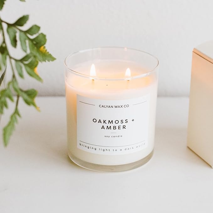 Calyan Wax Co. 2 Wick Candle, Oakmoss + Amber Scented Candle, 37 Hour Burn Time, Aromatherapy Soy Candles, Non Toxic & Vegan Soy Wax, Glass Tumbler Scented Candles, 8.8oz