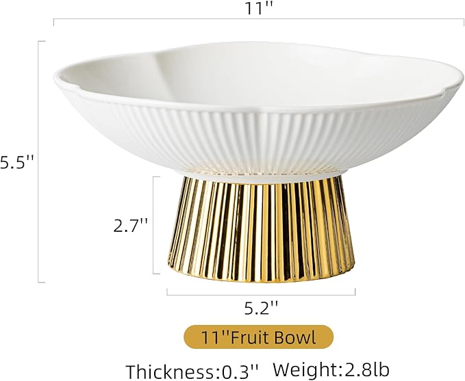 Ceramic Fruit Bowl, 11 Inch Large Table and Tea Coffee Pedestal Tray，Elegant and Practical Bread and Fruit Footed Bowls for Kitchen Counter, Salad or Dessert Display Trays for Parties(White).