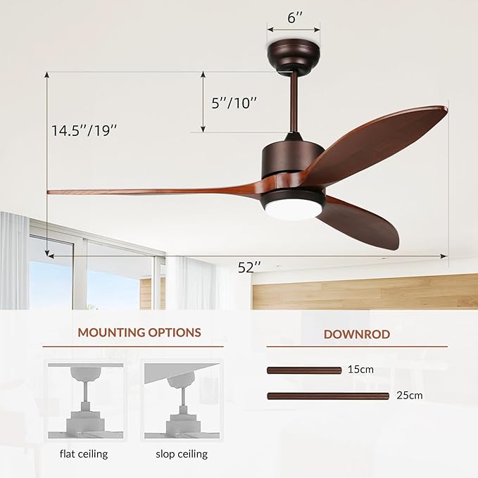 reiga 52 Inch Smart Wood Ceiling Fan with Light and Remote Control, Quiet DC Motor 3 Blades Propeller Ceiling Fans for Patio, Living Room, Farmhouse