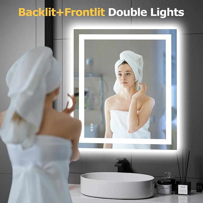 30X36 LED Bathroom Mirror with Lights, Anti-Fog, Dimmable, Backlit + Front Lit, Smart Bathroom Vanity Mirror, Memory Function, Shatterproof, Tempered Glass (Horizontal/Vertical)
