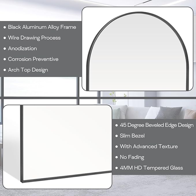 16" x 20" Black Arched Mirror, Arch Bathroom Wall Mirror, Metal Frame Arched Top Bathroom Vanity Mirror for Living Room, Bedroom, Entryway, Tempered Glass, Shatter Proof