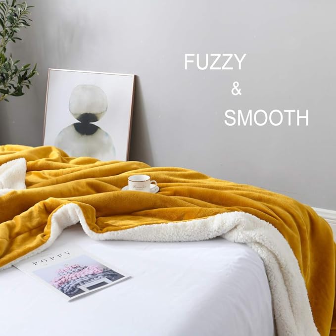 NANPIPER Throw Blanket Reversible Sherpa Flannel Blanket Ultra-Soft Plush Warm Fleece Microfiber for Bed/Couch Decorative Lightweight(50"x60",Ginger Yellow)