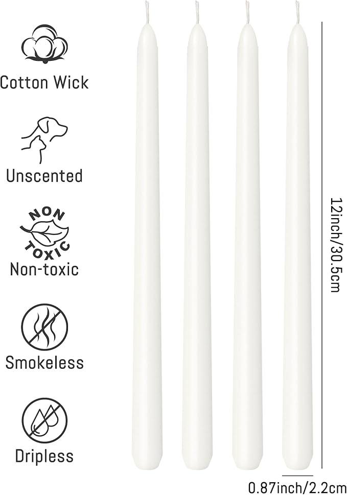 Viyffo Taper Candles 12 Inch – 4 Pack White, Dripless, Unscented, Smokeless – 9 Hour Burn – Tall Candlesticks for Wedding, Dinner, Holiday, Party, Home Decor