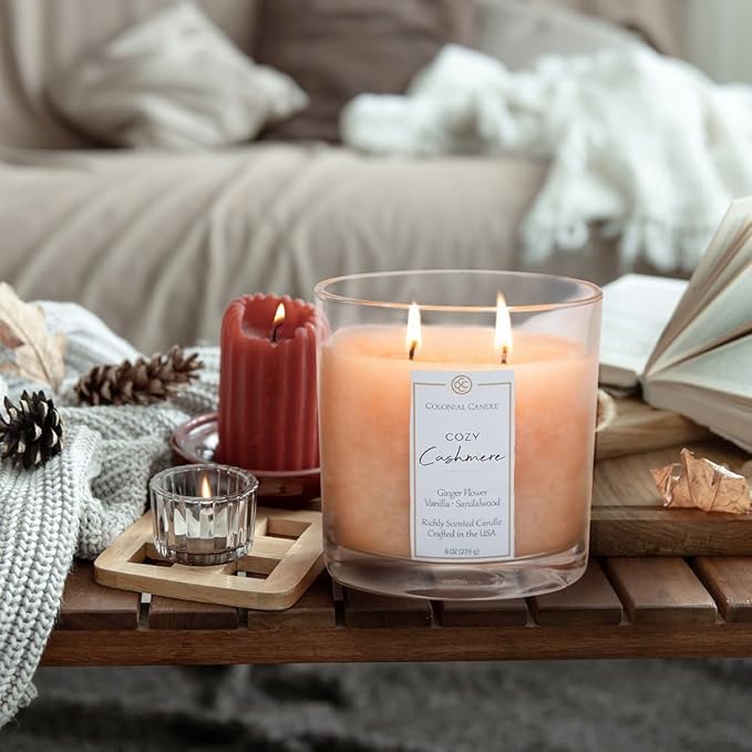 Colonial Candle Cozy Cashmere Scented Candle Jar, Highly Fragranced Candles for Home Scented, Mottled Wax Candle, 2 Wick, 8 oz - Made in The USA