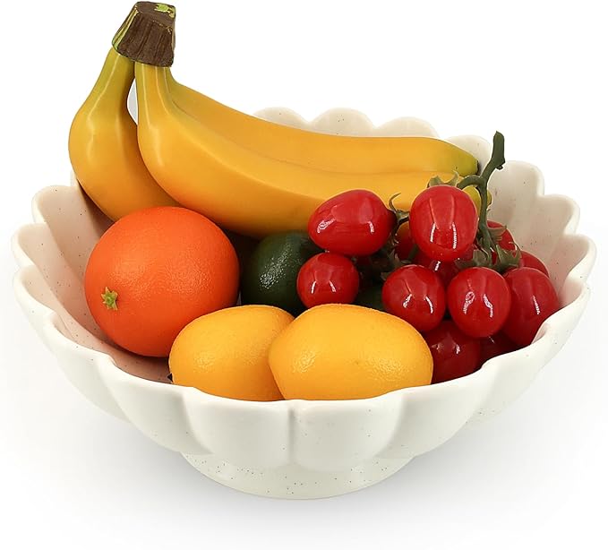 Large Fruit Bowl for Kitchen Counter-10.6" White Ceramic Fluted Scalloped Decorative Footed Bowl -Elegant Pedestal Display Bowls for Entryway Table, Perfect for Housewarming &Wedding Gift