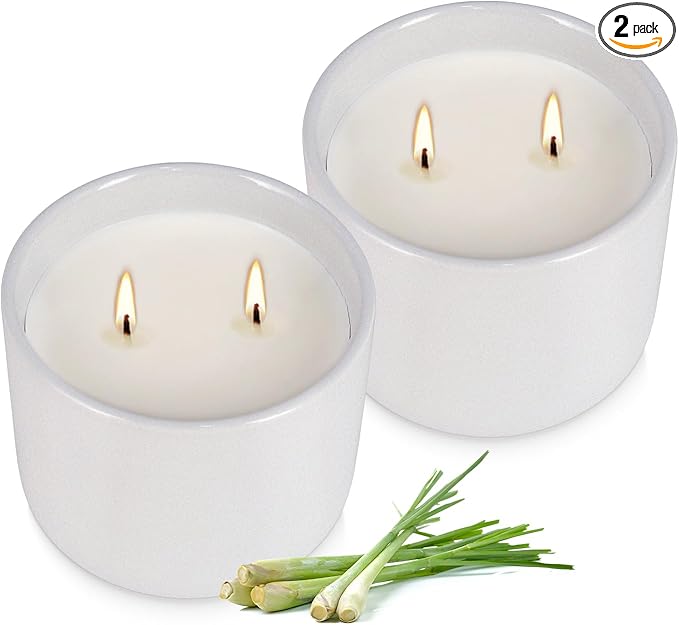 2-Pack Large Citronella Scented Candles - White Ceramic Double-Wick, Natural Soy Wax, Decorative Geometric Jar for Patio, Garden & Outdoor Decor