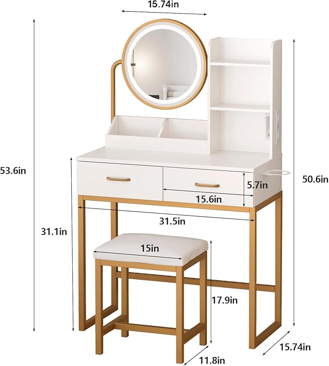 Makeup Vanity with Round Mirror and Lights, White Vanity Makeup Table with Charging Station, Small Vanity Table for Bedroom, 3 Lighting Modes, 31.5in(L)