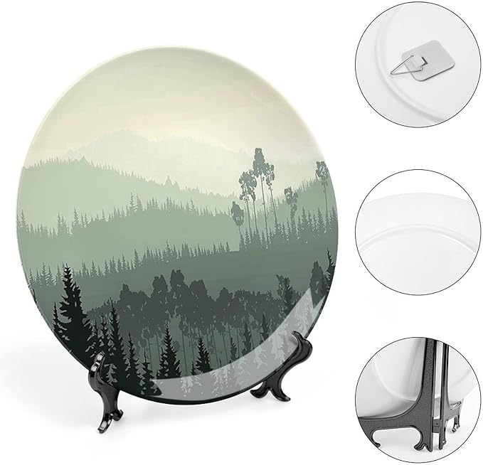 XISUNYA 10 Inch Decorative Plate, Landscape Tableware Plate, Panorama of Valley and Misty Forest of Pine Trees Print Ornament Display Plate Decor Accessory for Dining, Parties, Wedding