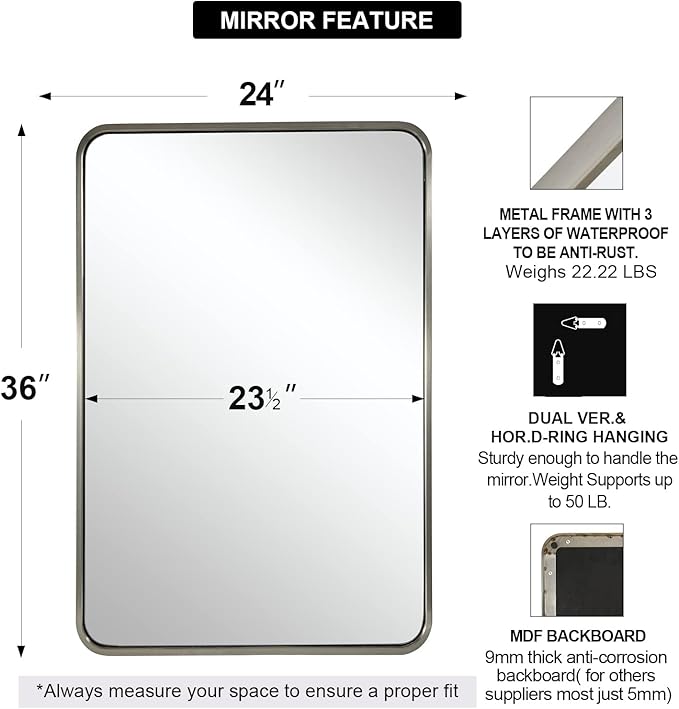 ANDY STAR Brushed Nickel Bathroom Mirror, 24x36’’ Rounded Rectangle Mirror Modern Silver Vanity Mirror SUS304 Metal Tube Frame(Rustproof) 1’’ Deep Wall Mounted Vertically/Horizontally