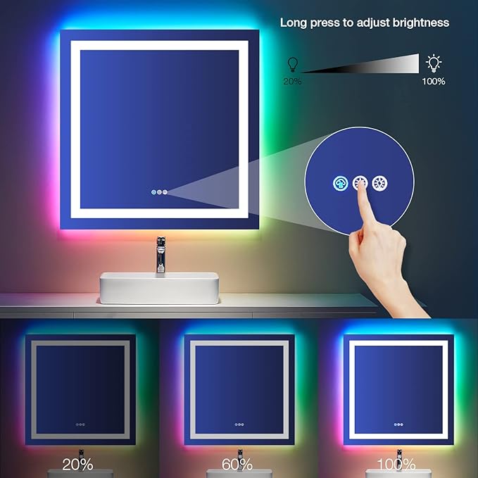 LOAAO 38"X38" LED Bathroom Mirror with Lights, Anti-Fog, Dimmable, RGB Backlit + Front Lighted, Bathroom Vanity Mirror for Wall, Memory Function, Waterproof, Tempered Glass