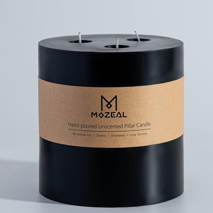 MOZEAL Extra Large 3 Wick Black Pillar Candle, 6" x 6", Unscented, Dripless, Smokeless, and Clean-Burning. Approx. 120 Hours of Burn Time. Perfect for Weddings, Dinners, Halloween and Fall Decor