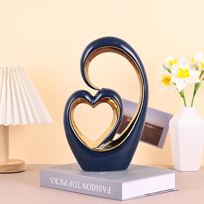 Ceramic Heart Decor Love Statue, Navy Blue Gold Double Hearts Sculptures for Home Table Centerpiece Decor, Valentine, Wedding, Decorative Items for Shelves, Coffee Table Decor (S Heart -Tall)