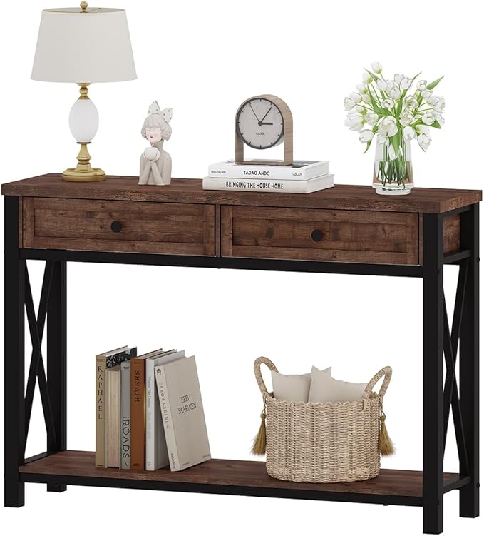 BON AUGURE Console Table with 2 Drawers, Entryway Tables with Storage, Sofa Table Behind Couch for Living Room, Farmhouse Entry Tables for Hallway, Foyer, Front Door (Rustic Oak, 47 Inch)