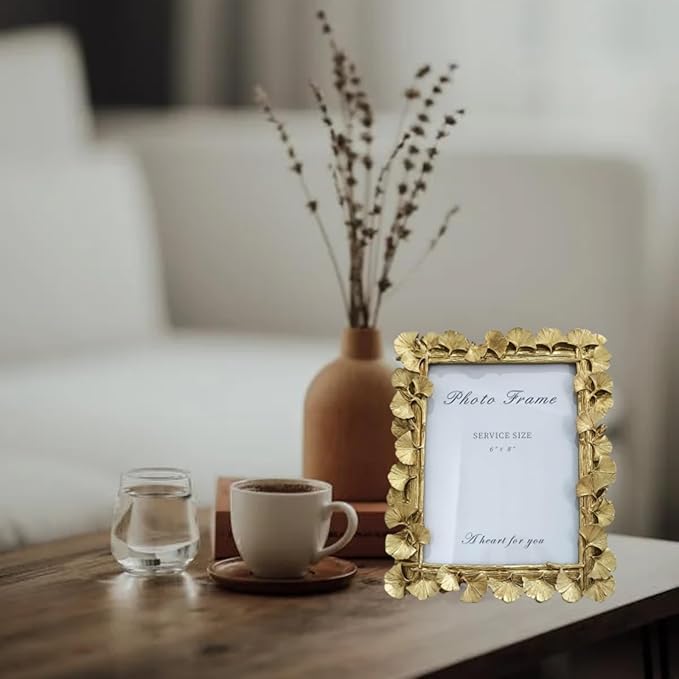 LONG XIN 1PCS 6x8 Inch Vintage Photo Frame Resin Picture Frame Ginkgo Leaves Decoration Photo Frame Stand Holder for Home Decor Old Fashioned Gorgeous Photo Gallery Art Decor (Vintage Gold）
