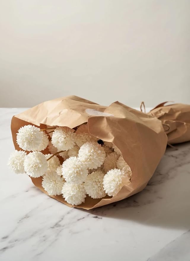 Laelfe Artificial Kiku Flower White - 5 Pcs Fake Pompon Mums Silk Small Chrysanthemum Faux Ball Fall Flower Stem Decor for Autumn Wedding Filler DIY Bouquet Centerpieces Arrangements Shower