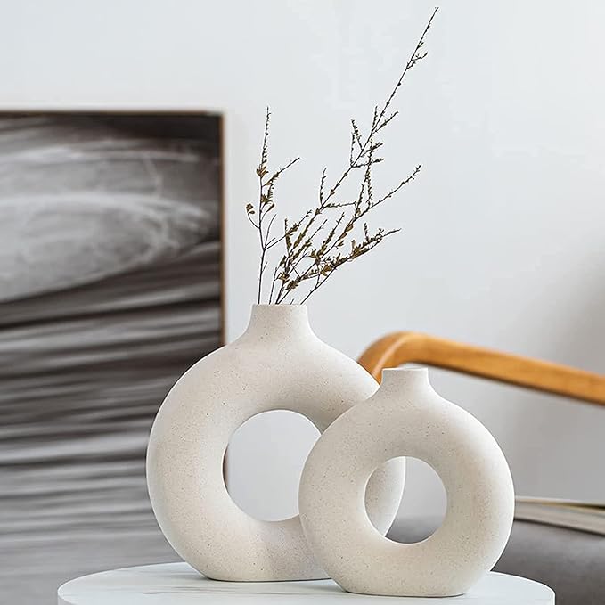 White Ceramic Vases Set 2 for Modern Home Decor,Boho Round Matte Pampas Flower Vases Minimalist Style for Wedding Dinner Living Room Office Coffee Table Decorative