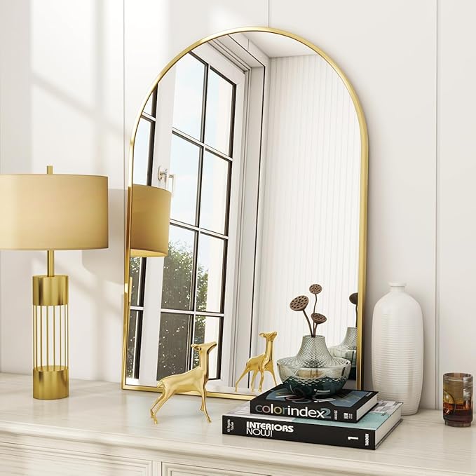 VooBang Arched Wall Mirror, 24 x 36 inch Arch Bathroom Mirror, Wall Mounted Vanity Mirror with Arch Metal Frame, Modern Bathroom Vanity Mirror for Bedroom, Living Room, Hanging or Leaning, Gold
