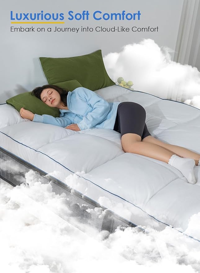 QUEEN ROSE Mattress Topper Full Size, Pillow Top Extra Thick Mattress Pad, Soft Baffle Box Overfilled Down Alternative for Back Pain, 4 Corner Straps, White