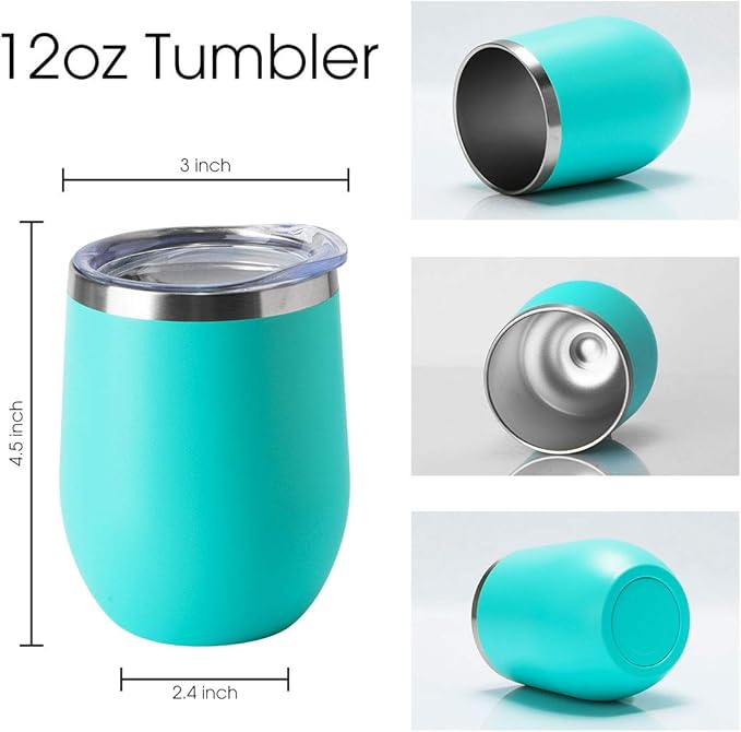 HASLE OUTFITTERS 12oz Wine Tumbler with Lid Stemless Wine Glasses Double Wall Vacuum Travel Mugs stainless steel Coffee Cup for Cold & Hot Drinks Wine Coffee Cocktails Beer 12 Pack Light Blue