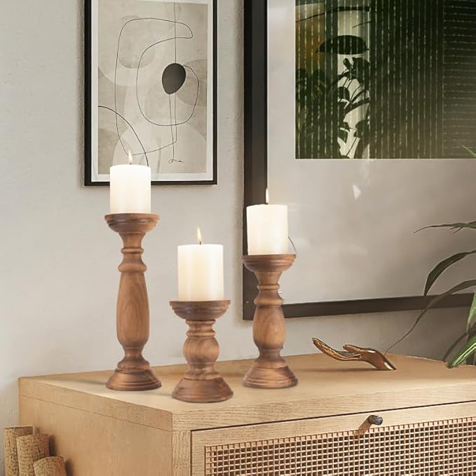 Rustic Wooden Pillar Candle Holders Set of 3, 12'' 9'' 6'' Farmhouse Wood Candle Stand for Table Centerpieces, Vintage Tall Candleholders Fireplace Mantel Decor for Living Room, Brown
