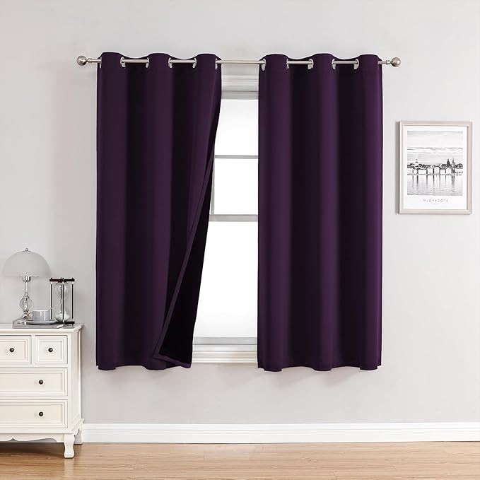 ChrisDowa 100% Blackout Curtains for Bedroom with Black Liner, 2 Thick Layers Total Blackout Thermal Insulated Grommet Window Curtains 2 Panels Set (Royal Purple, 42 x 63 Inch)
