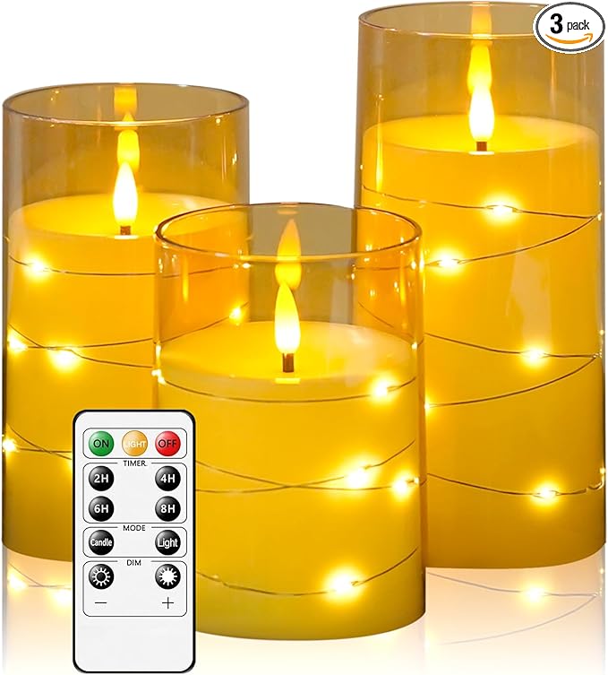 Flameless LED Candles with Timer 3 Pc Flickering Flameless Candles for Romantic Ambiance and Home Decoration Stable Acrylic Shell,with Embedded Star String，Battery Operated Candles（Gold）