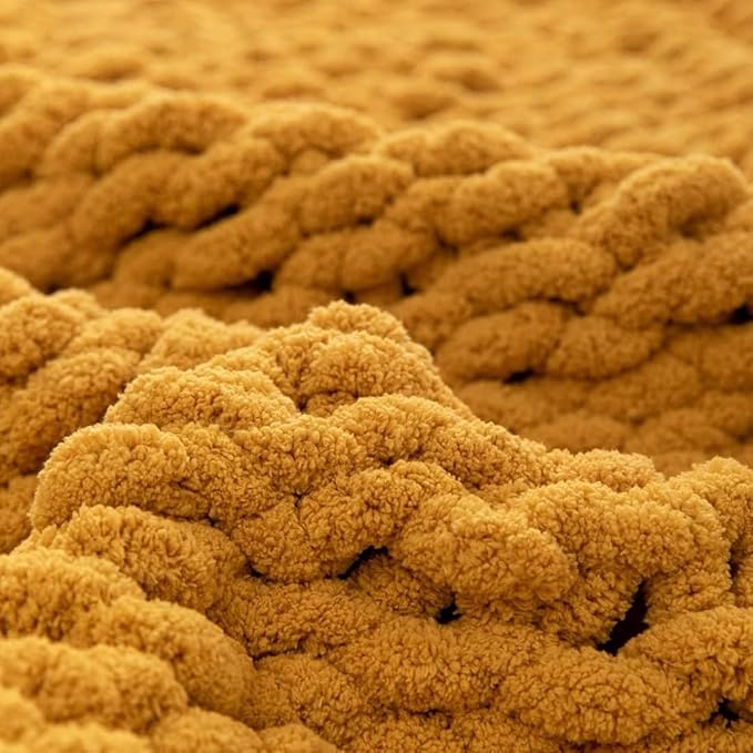 Chunky Knit Blanket Throw 40"×40", Hand Knitted Warm Chenille Throw Blanket, Home Decor Soft Thick Yarn Cable Knit Blanket,Soft Breathable Fleece Banket Christmas for Couch Bed Sofa Best Gift (Yellow)