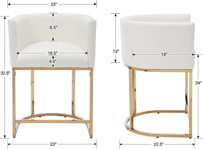 Modern Counter Height PU Leather Upholstered Bar Stool, 24" Kitchen Counter Island Stools Bar Chairs with Gold Metal Frame, White