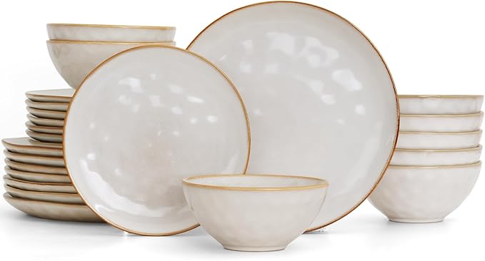Famiware Dinnerware Sets for 8, Ocean Round 24-Piece Kitchen Plates and Bowls Sets, Reactive Glaze, Microwave and Dishwasher Safe, Scratch Resistant, Cappuccino White