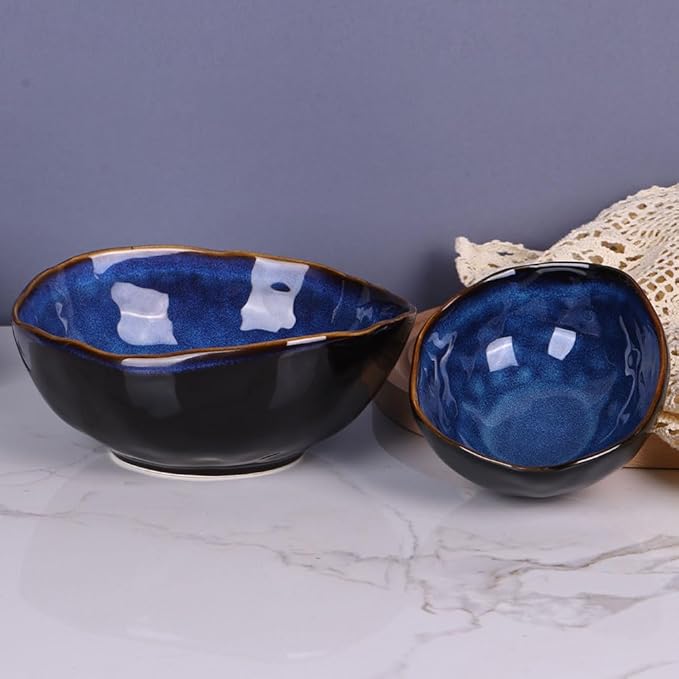 Blue Ceramic Decorative Pottery Key Bowl, Candy Dish, Salad Bowl, Small Jewelry Trinket Dish for Bedroom, Centerpiece, Bedside Table, Living Room Decor (8 inch)