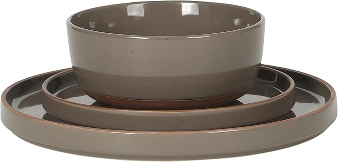 Gibson Elite Northrock Stoneware Dinnerware Set, 16-Piece Service for 4 Plates and Bowls Set – Gray Dishes with Hand-Painted Terracotta Base