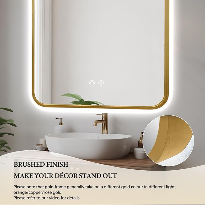 40"x30" Arched LED Bathroom Mirror, Wall Mounted Backlit Mirror with Lights Fog Free Lighted Framed Mirror Smart Anti-Fog 3 Color Temperatures Adjustable Brightness Gold