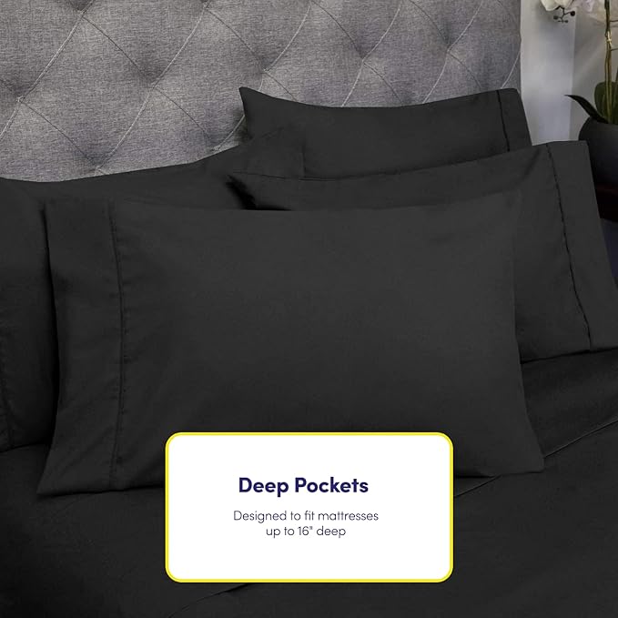 King Size Bed Sheets - 6 Piece 1500 Supreme Collection Fine Brushed Microfiber Deep Pocket King Sheet Set Bedding - 2 Extra Pillow Cases, Great Value, King, Black