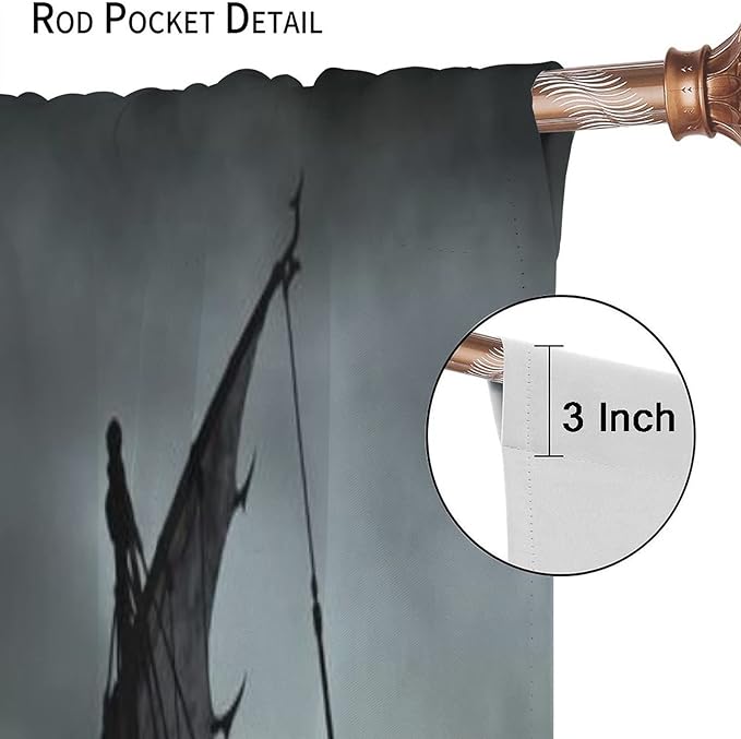 Viking Ship Blackout Curtains,Gloomy Misty Lake Landscape Fantasy Black White Color Sailing Dragon Boat Window Drapes for Boys Girls Bedroom Living Room,Norse Decor 52x84in