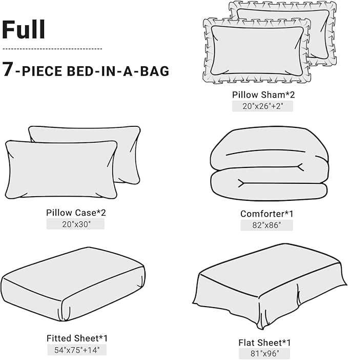 JOLLYVOGUE Black/Gray Bed in a Bag Comforter Set for Bedroom, Pintuck Full Size Comforter Sets 7 Pieces, Bedding Comforter Sets with Comforter, Sheets,Ruffled Shams & Pillowcases