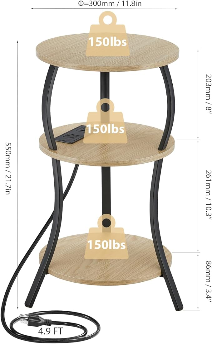 Small Round Side Table with Charging Station, 3-Tier Waist Circular End Table with Storage Shelf, Compact Tea Sofa Side Table Small Spaces, Round Corner Coffee Table for Living Room Bedroon,Oak