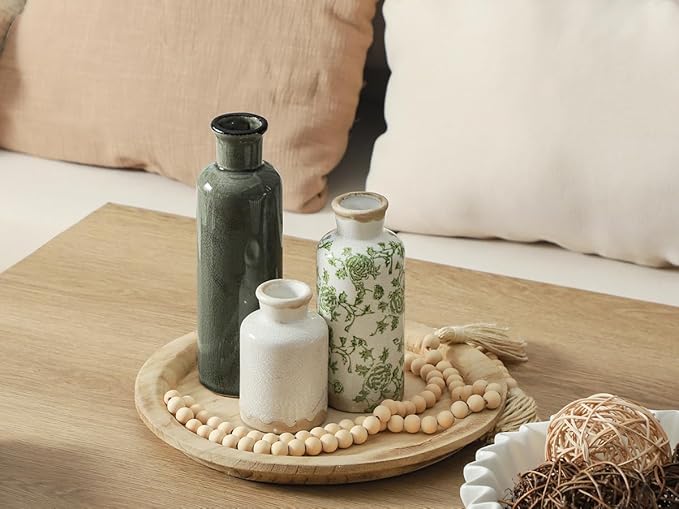 Vintage Vase Set of 3, Ceramic Vintage Flower Vases, Chinoiserie Decorative Home Decor Retro Floral Vase Rustic Farmhouse Decor for Table Bookshelf Mantel Kitchen Living Room Office - Green and Beige