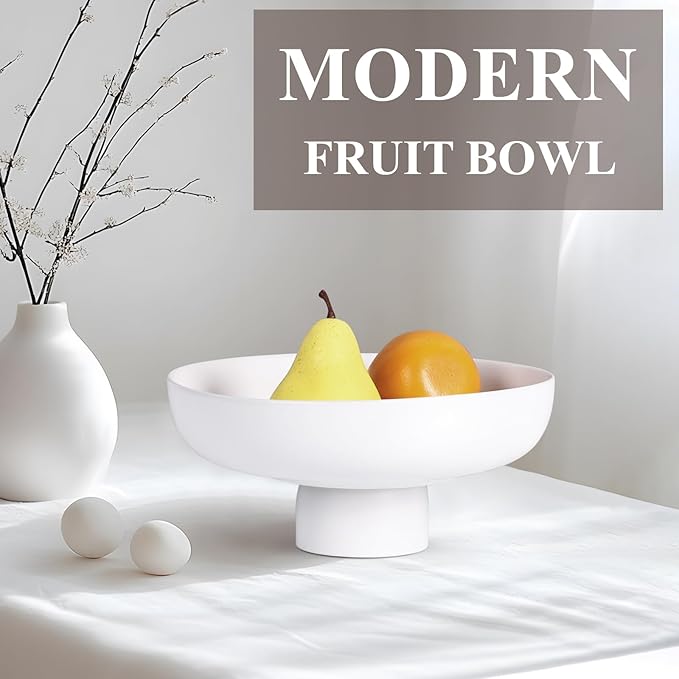 Modern Large White Fruit Bowl - Concrete White Pedestal Decorative Bowls, Handicraft Multi-Functional Key, Candy Bowl, Centerpiece for Entry Table, Kitchen Island Counter, Coffee Table Home Decor