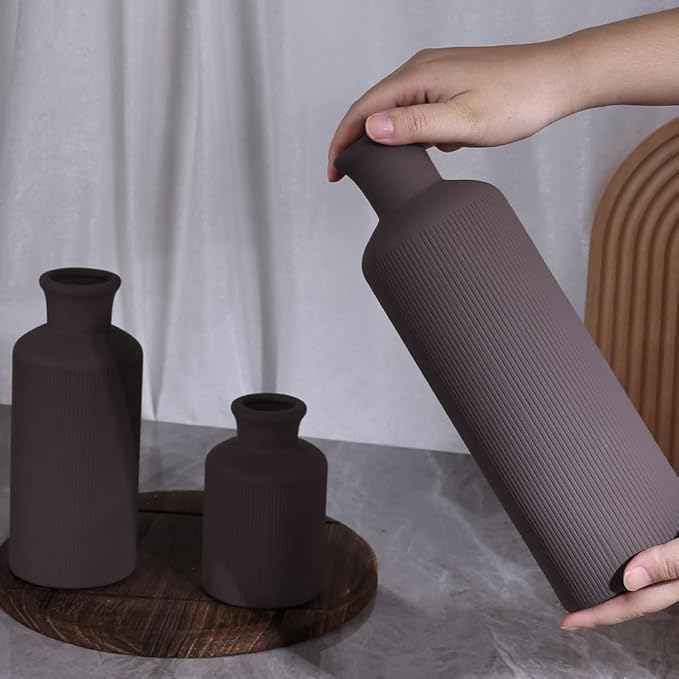 Brown Ceramic Vases Set - 3 Brown Small Vase, Farmhouse Country Vases Home Decor, Living Room Decoration, Table Decoration, Fireplace Decor, and Entrance Decorations Centerpieces