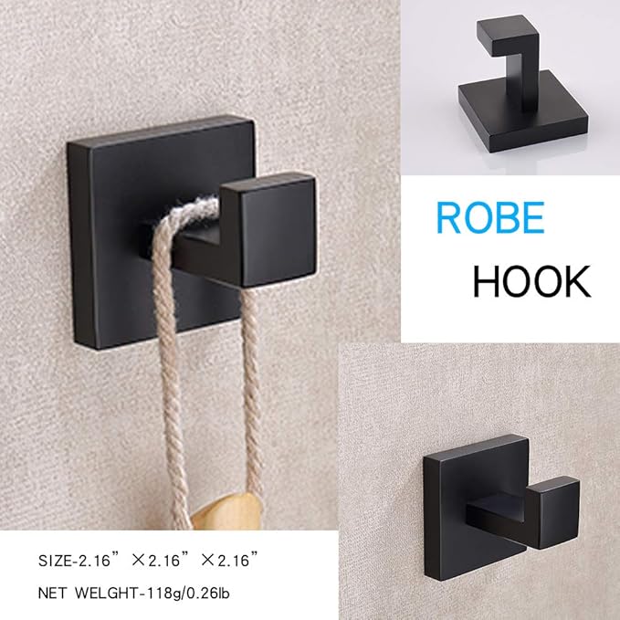 TASTOS Bath Towel Hooks Matte Black, 4 Pack Stainless Steel Robe Coat and Clothes Hook, Heavy Duty Wall Hook for Bathroom & Kitchen, Modern Square Style Wall Mounted