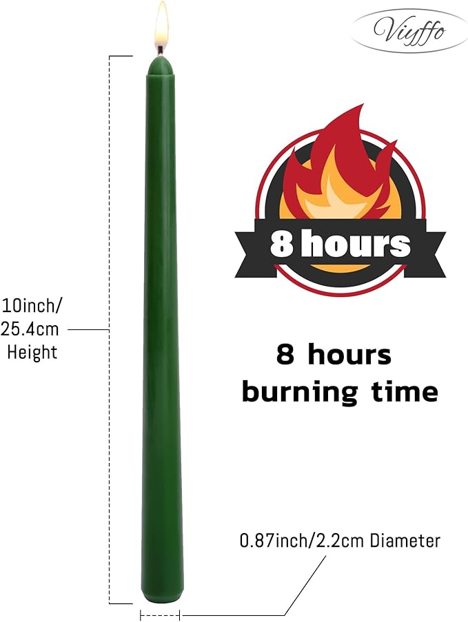 Viyffo Taper Candles 10 Inch – 12 Pack Noble Pine, Dripless, Unscented, Smokeless – 8 Hour Burn – Tall Candlesticks for Wedding, Dinner, Holiday, Party, Home Decor