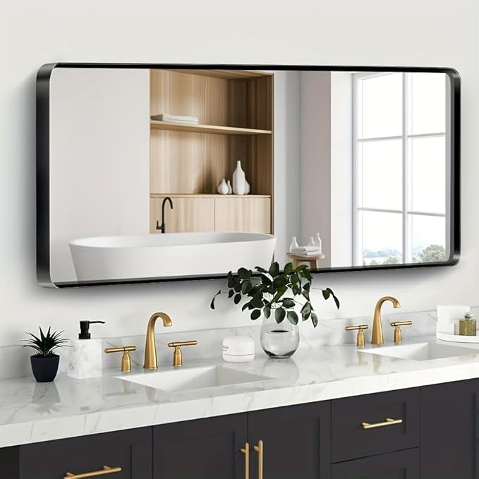 Black Bathroom Mirror 72X36 Inch, Black Metal Framed Mirror for Wall, Rounded Rectangle Matte Bathroom Vanity Mirror with Tempered Glass, Anti-Rust, Horizontal/Vertical